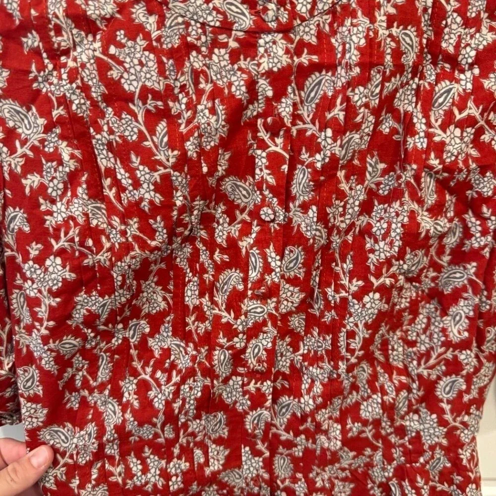 Madewell Red Paisley Floral Button Front Puff Sleeve Tiered Midi Dress 4 - Picture 8 of 11